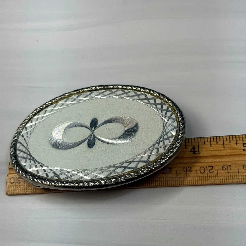 Vintage Silver Tone Infinity Symbol Western Belt Buckle Oval Diamond Cut Border